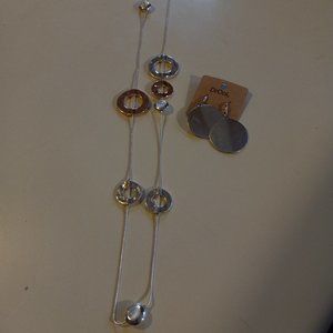 36 " chain silver necklace with silver, white, & rose gold accents & earrings